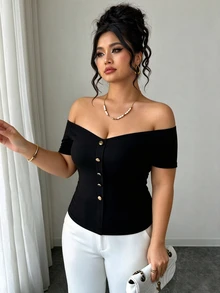 Elenzga Plus Size Women Solid Color One Shoulder Single-Breasted Short Sleeve Fashion T-Shirt Date Night Black Summer Sexy Elegant Casual Formal Birthday - Black - View 4