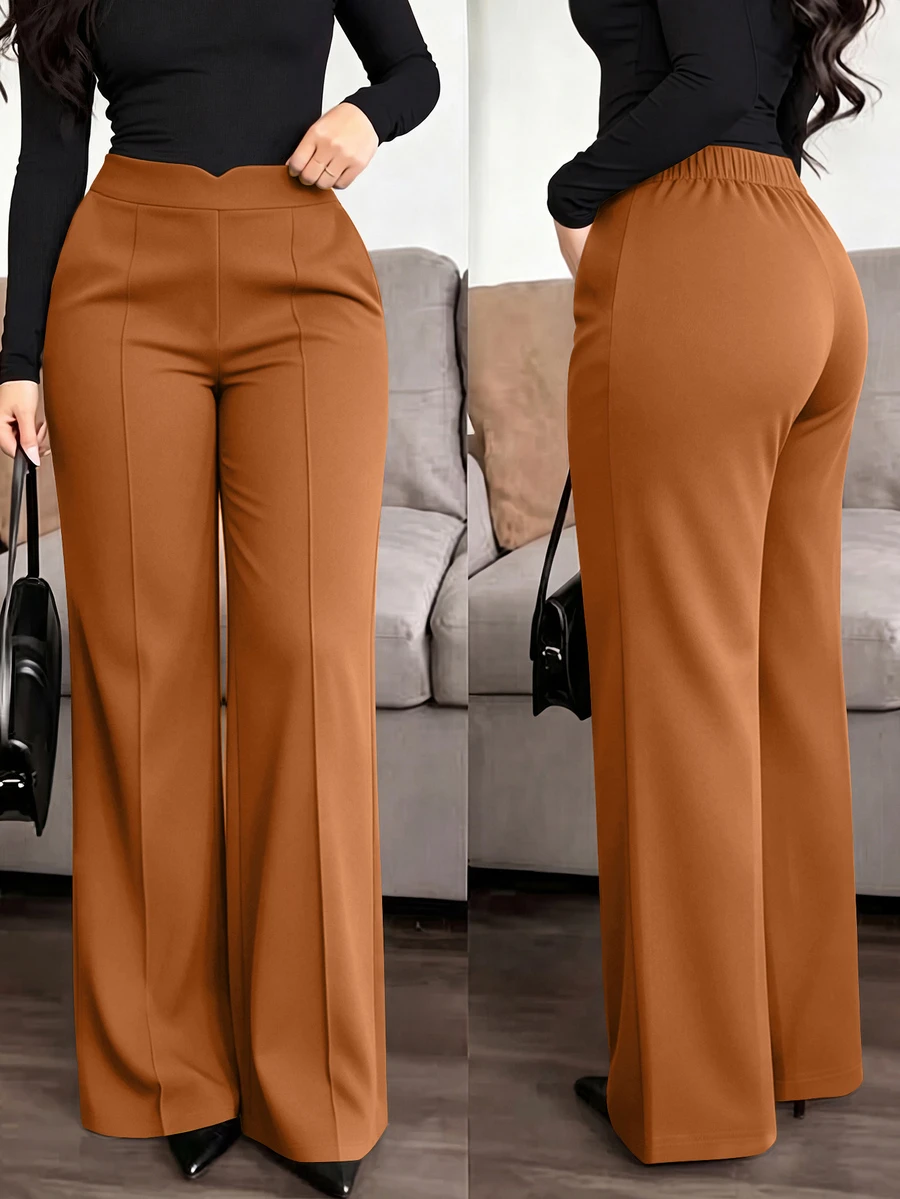 SHEIN LUNE Plus Size Women's Solid Color Casual Elegant Versatile Daily Wide Leg Pants Fall - Rust Brown - View 1