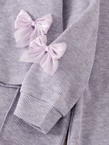 Elladie kids 女童 2 件套：韓系軟綿淺杏色羅紋緞面蝴蝶結裝飾圓領寬鬆長袖上衣與高腰垂墜下裝 - 淡紫色 - 查看 9