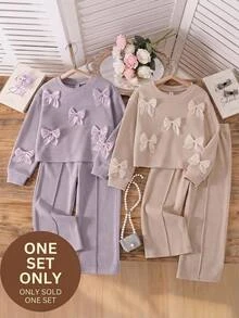 Elladie kids 女童 2 件套：韓系軟綿淺杏色羅紋緞面蝴蝶結裝飾圓領寬鬆長袖上衣與高腰垂墜下裝 - 淡紫色 - 查看 1