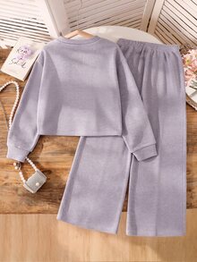 Elladie kids 女童 2 件套：韓系軟綿淺杏色羅紋緞面蝴蝶結裝飾圓領寬鬆長袖上衣與高腰垂墜下裝 - 淡紫色 - 查看 2