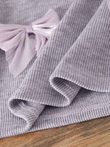 Elladie kids 女童 2 件套：韓系軟綿淺杏色羅紋緞面蝴蝶結裝飾圓領寬鬆長袖上衣與高腰垂墜下裝 - 淡紫色 - 查看 6