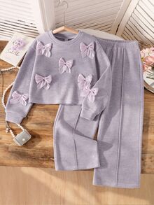 Elladie kids 女童 2 件套：韓系軟綿淺杏色羅紋緞面蝴蝶結裝飾圓領寬鬆長袖上衣與高腰垂墜下裝 - 淡紫色 - 查看 3