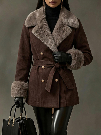 Balvessa Fashion Elegant Casual Luxury Old Money Long Sleeve Faux Fur Patchwork Contrast Color Fitted Women's Wool Blend Spring Autumn Winter
