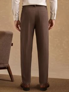 Core Aspect 2026春夏男士高腰棕色粗花呢混紡西裝長褲，修身錐形百褶長褲，商務正式款 - 棕色 - 查看 2