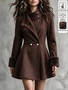 Yalmera Women's Autumn/Winter Patchwork Fur Cuff Stand Collar Elegant Overcoat - Brown - View 9