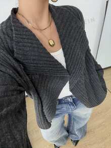 POPSWAY Áo cardigan len gân cổ thác nước phong cách kawaii casual size lớn, dáng rộng, tay dài, vạt mở, màu xám đậm trơn, áo khoác len mặc nhà mùa thu và đi du lịch - Xám - Xem 6