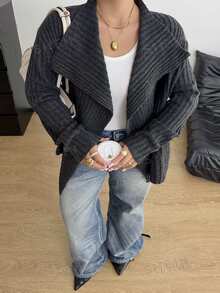 POPSWAY Áo cardigan len gân cổ thác nước phong cách kawaii casual size lớn, dáng rộng, tay dài, vạt mở, màu xám đậm trơn, áo khoác len mặc nhà mùa thu và đi du lịch - Xám - Xem 5