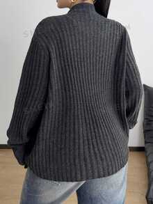 POPSWAY Áo cardigan len gân cổ thác nước phong cách kawaii casual size lớn, dáng rộng, tay dài, vạt mở, màu xám đậm trơn, áo khoác len mặc nhà mùa thu và đi du lịch - Xám - Xem 3