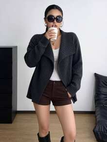 POPSWAY Áo cardigan len gân cổ thác nước phong cách kawaii casual size lớn, dáng rộng, tay dài, vạt mở, màu xám đậm trơn, áo khoác len mặc nhà mùa thu và đi du lịch - Xám - Xem 2