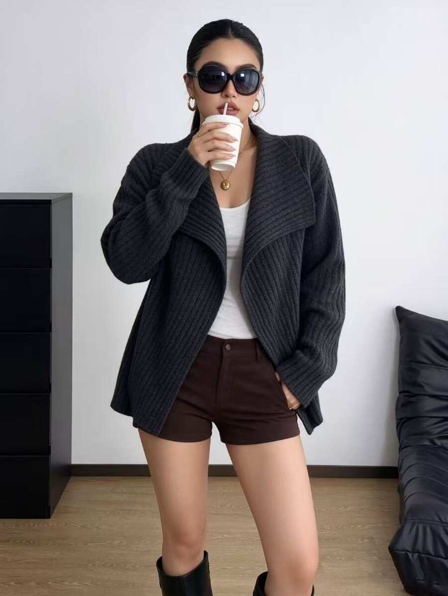 POPSWAY Áo cardigan len gân cổ thác nước phong cách kawaii casual size lớn, dáng rộng, tay dài, vạt mở, màu xám đậm trơn, áo khoác len mặc nhà mùa thu và đi du lịch