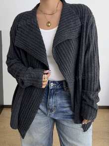 POPSWAY Áo cardigan len gân cổ thác nước phong cách kawaii casual size lớn, dáng rộng, tay dài, vạt mở, màu xám đậm trơn, áo khoác len mặc nhà mùa thu và đi du lịch - Xám - Xem 4