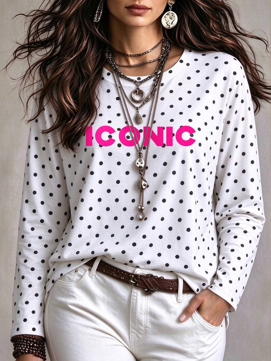 SHEIN LUNE 女款白色波點圓領長袖T恤,ICONIC City字母正反面圖案休閒街頭風日常上衣 - 彩色 - 查看 1