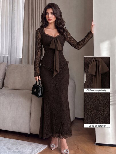 Modelyn Women's Elegant Lace Waist-Cinching Long Sleeve 2 Pieces Set | Wedding / Formal Banquet Wear | Burgundy Autumn Style