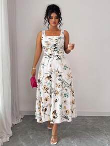 GlowEve CURVE Plus Size Women's Floral Print Square Neck Sleeveless Elegant Vacation Dress - Ginger - View 3