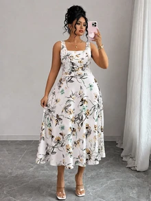GlowEve CURVE Plus Size Women's Floral Print Square Neck Sleeveless Elegant Vacation Dress - Ginger - View 5