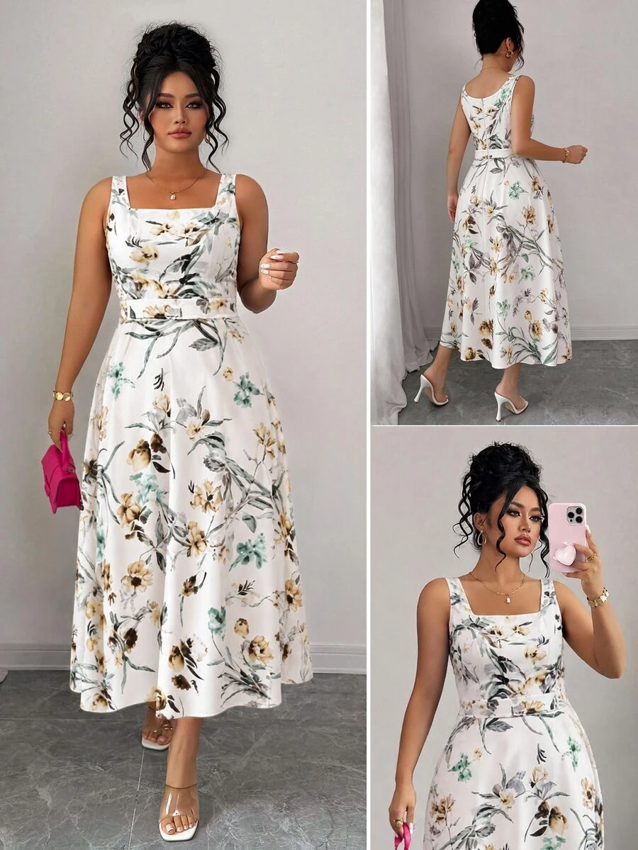 GlowEve CURVE Plus Size Women's Floral Print Square Neck Sleeveless Elegant Vacation Dress - Ginger - View 1