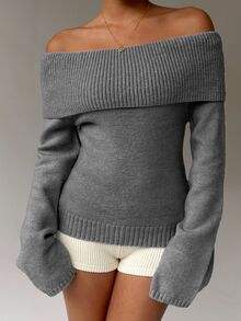 Autumina Women's Casual Solid Color Foldover Off Shoulder Pullover Sweater, Autumn - Grey - View 4