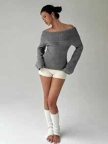 Autumina Women's Casual Solid Color Foldover Off Shoulder Pullover Sweater, Autumn - Grey - View 6