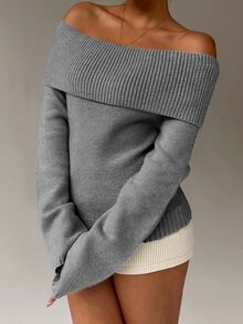 Autumina Women's Casual Solid Color Foldover Off Shoulder Pullover Sweater, Autumn - Grey - View 5