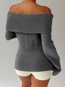 Autumina Women's Casual Solid Color Foldover Off Shoulder Pullover Sweater, Autumn - Grey - View 2