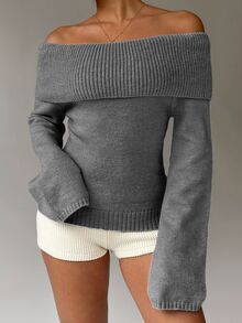 Autumina Women's Casual Solid Color Foldover Off Shoulder Pullover Sweater, Autumn - Grey - View 8