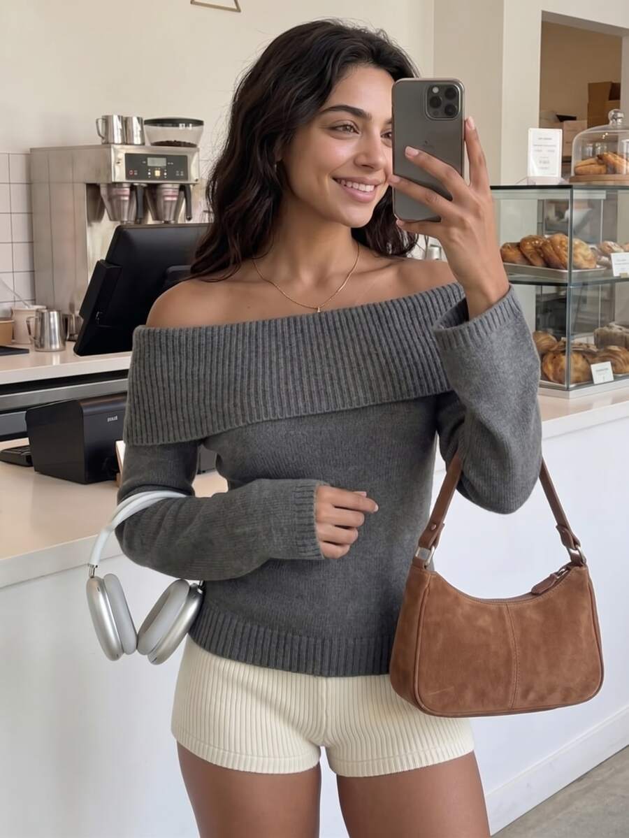 Autumina Women's Casual Solid Color Foldover Off Shoulder Pullover Sweater, Autumn - Grey - View 1