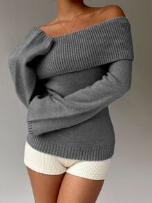 Autumina Women's Casual Solid Color Foldover Off Shoulder Pullover Sweater, Autumn - Grey - View 7