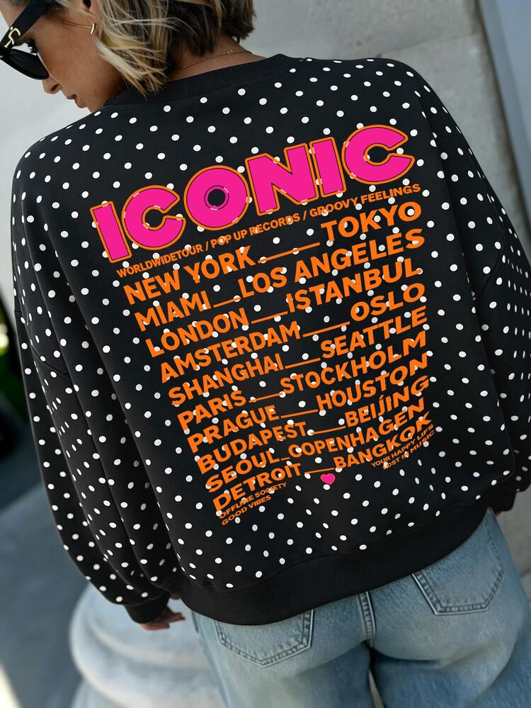 EMERY ROSE Women Black Polka Dot Crew Neck Sweatshirt, ICONIC City Letter Front & Back Graphic Casual Streetwear Loose Pullover Top - Black - View 6