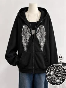 SHEIN 青少年女孩休閒街頭風 Y2K 極簡字母印花口袋拉鍊連帽長袖運動衫外套 秋季假期派對黑色 - 黑色 - 查看 3