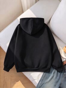 SHEIN 青少年女孩休閒街頭風 Y2K 極簡字母印花口袋拉鍊連帽長袖運動衫外套 秋季假期派對黑色 - 黑色 - 查看 2