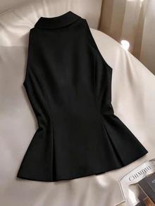 Franclia 大码休闲通勤纯色前扣背心裙套装办公室上衣女士燕尾服连衣裙女士黑色套装女士黑色背心 - 黑色 - 查看 3
