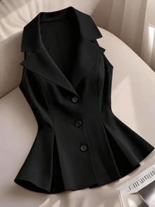 Franclia 大码休闲通勤纯色前扣背心裙套装办公室上衣女士燕尾服连衣裙女士黑色套装女士黑色背心 - 黑色 - 查看 2