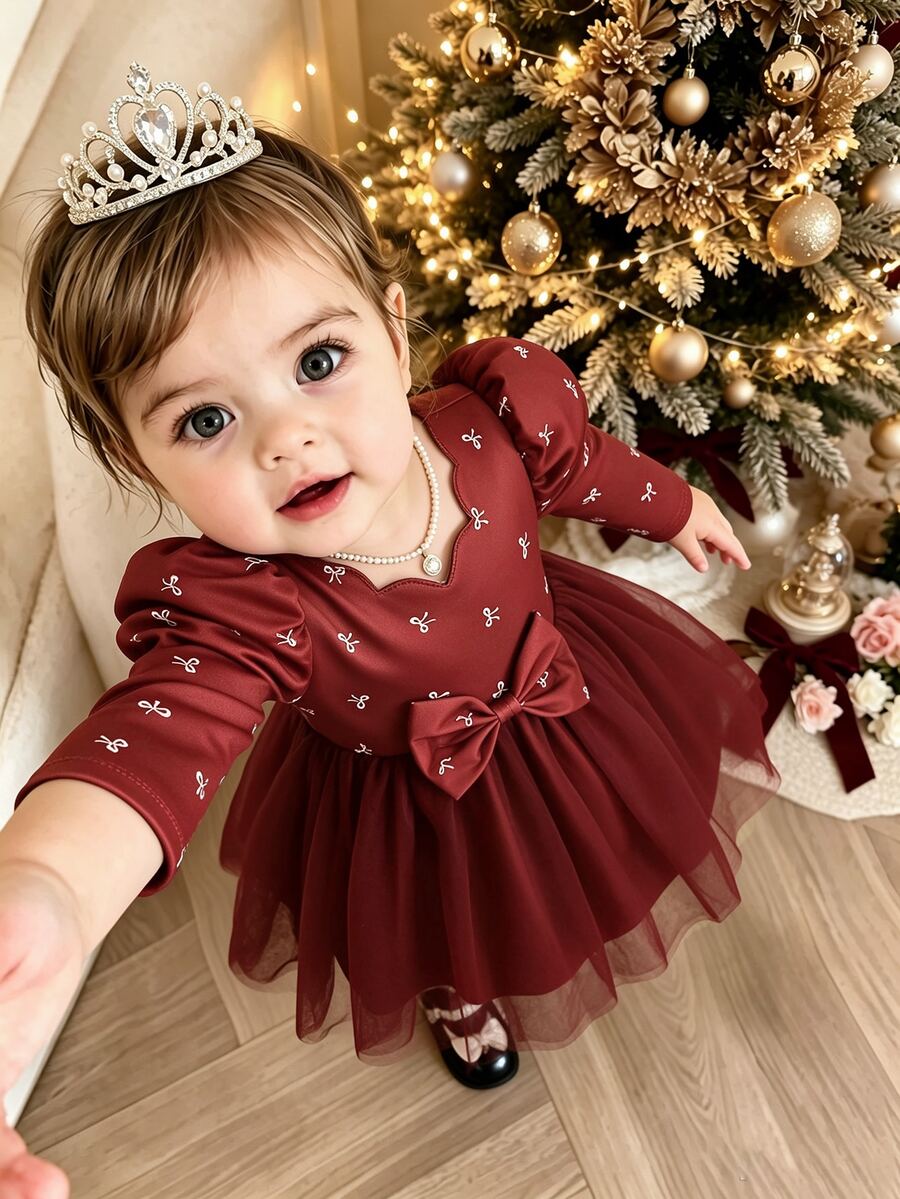 SHEIN 幼童女嬰甜美酒紅色蝴蝶結印花薄紗蓬蓬裙 長袖波浪邊修身款 生日派對 節日 秋季 芭蕾 婚禮 優雅禮服 - 酒紅色 - 查看 1