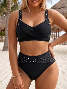 SHEIN Swim 大尺碼女款 2 件套黑色印花 V 領上衣高腰印花腰帶長褲，海灘度假夏季假期穿搭，派對優雅套裝 - 黑色 - 查看 8