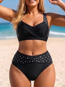 SHEIN Swim 大尺碼女款 2 件套黑色印花 V 領上衣高腰印花腰帶長褲，海灘度假夏季假期穿搭，派對優雅套裝 - 黑色 - 查看 7