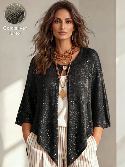 Linhara CURVE 2026 New Plus Size Women Solid Color Knit Cardigan With Gold And Silver Metallic Thread Luxurious Shawl Suitable For Romantic Vacation Plus Size Women Cardigan Sweater