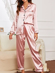 LuxeNights Contrast Piping Satin Pajama Set, Fall Winter Clothes Cozy And Elegant Details - Dusty Pink - View 7