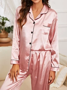 LuxeNights Contrast Piping Satin Pajama Set, Fall Winter Clothes Cozy And Elegant Details - Dusty Pink - View 3