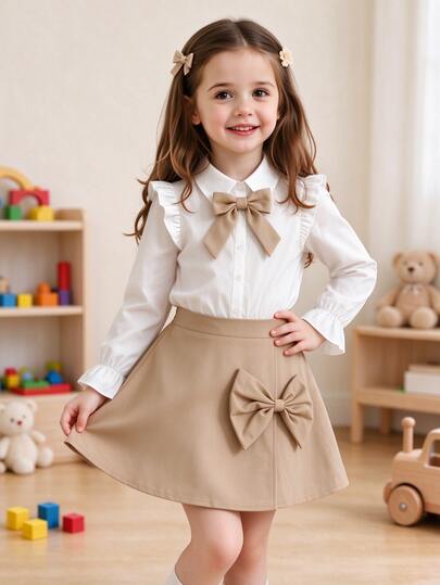 SHEIN Genkimix Kids Young Girl Elegant Fairy Princess Bowknot Decor Casual Brown Polyester Flowy Feminine Classic Easy-Care Soft Bold Skirt Holiday Autumn Travel
