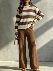 SHEIN Beige Chocolate Brown Striped Patchwork Crew Neck Loose Pullover Sweater Lounge Fall Minimalist French Casual City Break Travel - Coffee Brown - View 2
