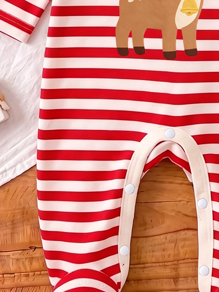 1pc Newborn Baby Romper, Cute Cartoon Christmas Theme Baby Jumpsuit, Striped Animal Print Long Sleeve Footed Design, Suitable For Full Month, First Birthday, Home Wear And Holiday Gift - Multicolor - View 4