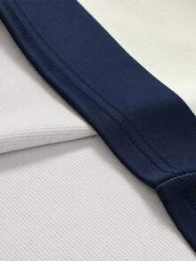 PAVTROS Men's Colorblock Horizontal Stripe Letter Print Casual Loose Drop Shoulder Long Sleeve Polo Shirt - Blue and White - View 3