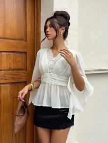 Siren Gaze New Lace Patchwork V-Neck Split Sleeve Elegant Blouse For Women - Apricot - View 7