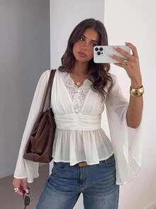 Siren Gaze New Lace Patchwork V-Neck Split Sleeve Elegant Blouse For Women - Apricot - View 8