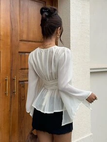 Siren Gaze New Lace Patchwork V-Neck Split Sleeve Elegant Blouse For Women - Apricot - View 2