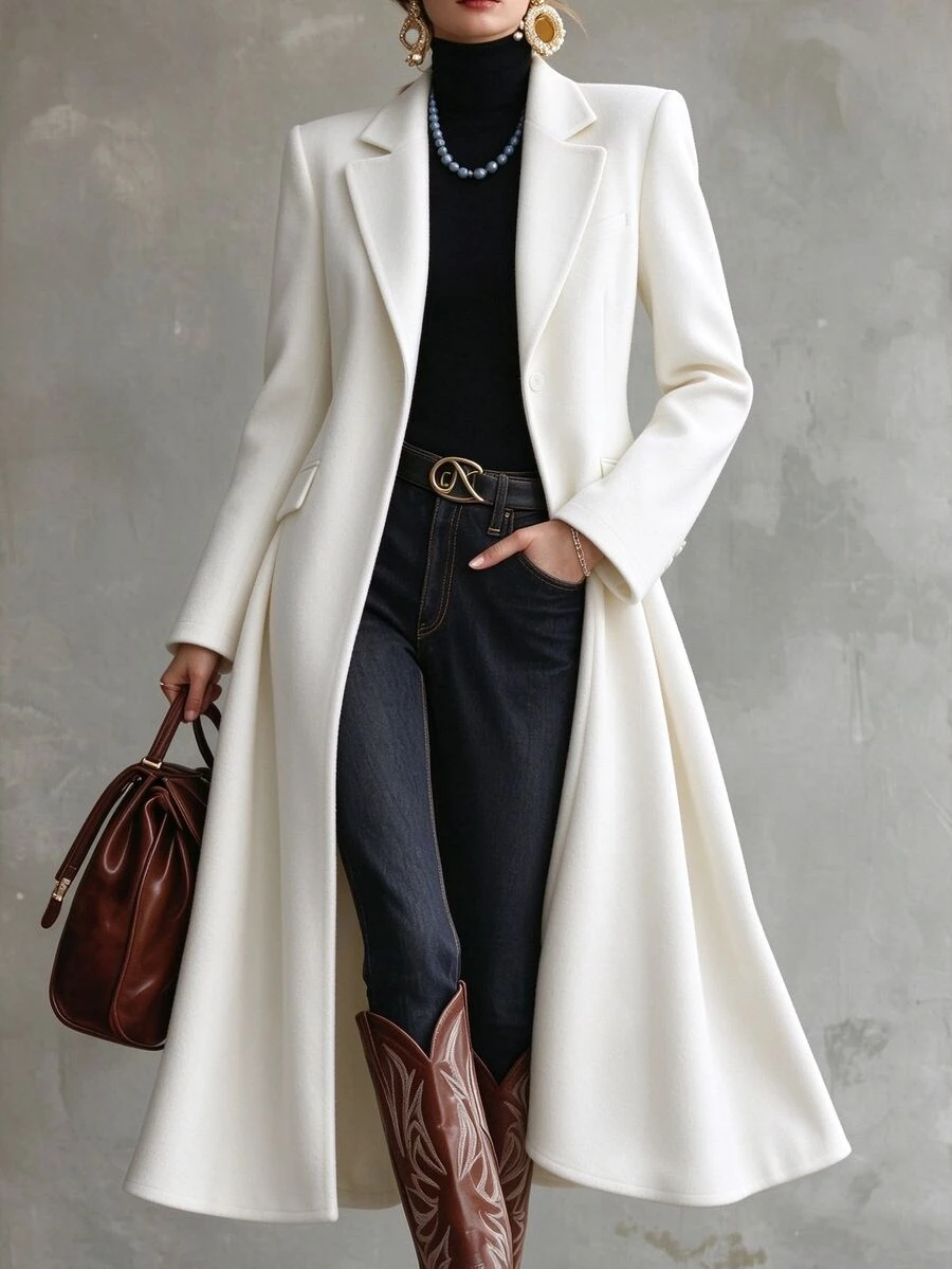 Balvessa This White Long Coat Has A Clean Cut And High-Quality Texture, With A Minimalist And Elegant Design That Exudes Sophistication And Grace - White - View 1