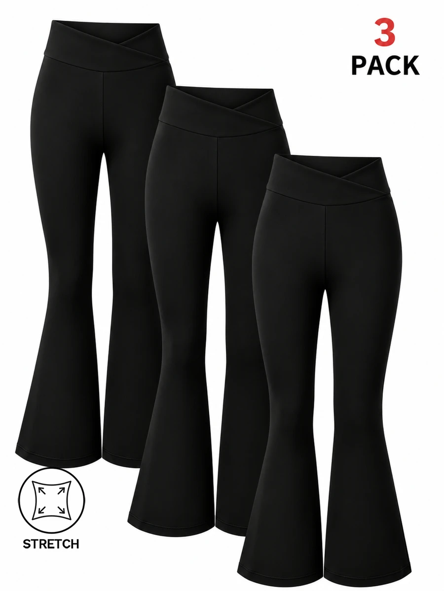 SHEIN Tween Girl Solid Color Casual Baggy All-Match Modest Versatile Daily Wear Sports Flared Leggings 3pcs/Set Gym Active Black Fall Activewear - Black - View 1