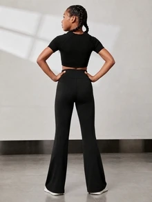 SHEIN Tween Girl Solid Color Casual Baggy All-Match Modest Versatile Daily Wear Sports Flared Leggings 3pcs/Set Gym Active Black Fall Activewear - Black - View 5