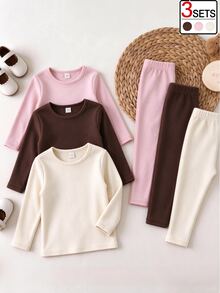 SHEIN 3套6件組 幼女上衣+長褲套裝 甜美粉色、棕色、奶油色 素色毛茸茸長袖圓領加厚款 適合冬季聖誕節與秋季假期 - 彩色 - 查看 5